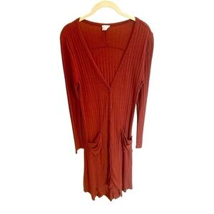 By Together Womens Ribbed Button Front Buster Dress Size Small Rust V Neck